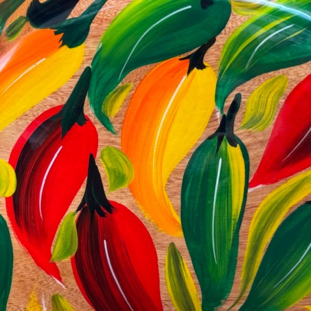 Handcrafted Wood Bowl with Hand Painted Red Yellow and Green Peppers - Picture 2 of 9